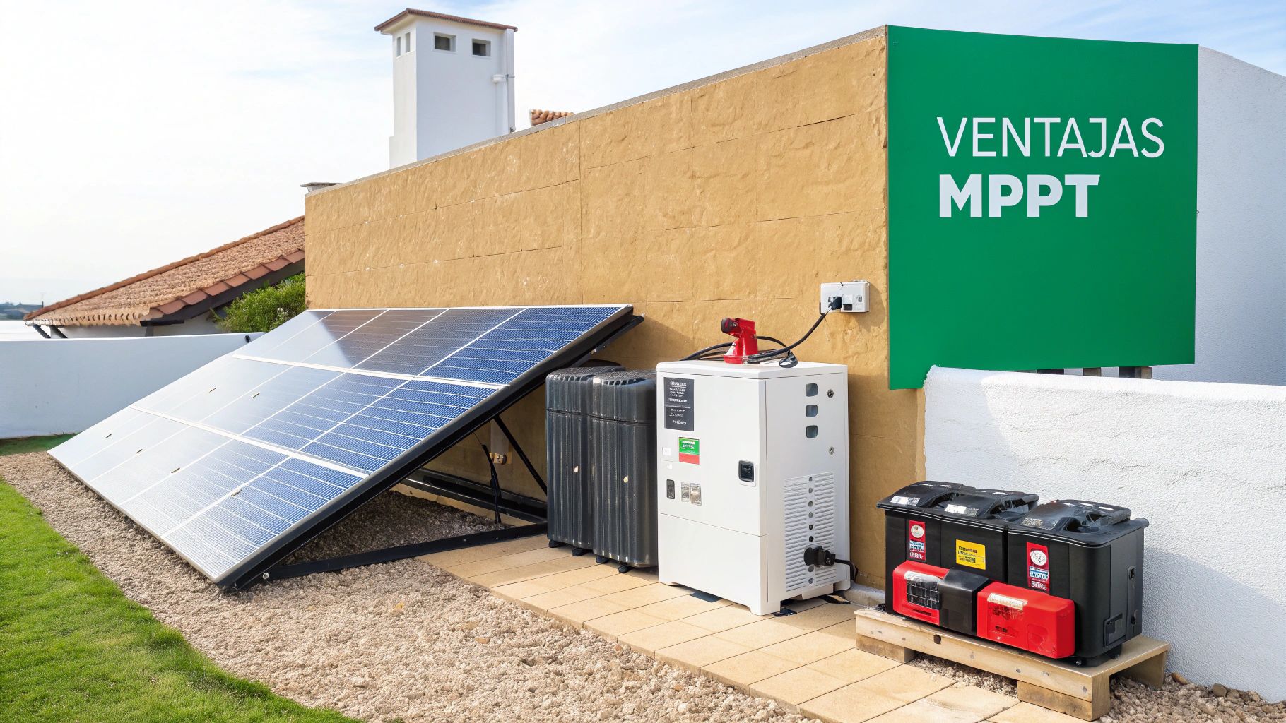 Primer plano de un controlador de carga MPPT con luces indicadoras en una instalación solar.