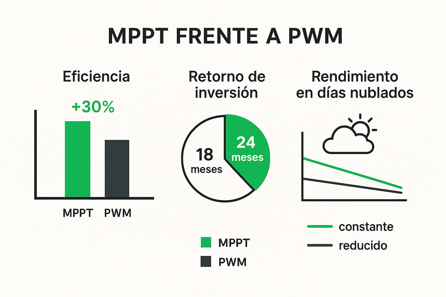 Infografía comparando la eficiencia, el retorno de inversión y el rendimiento en días nublados entre los controladores de carga MPPT y PWM.