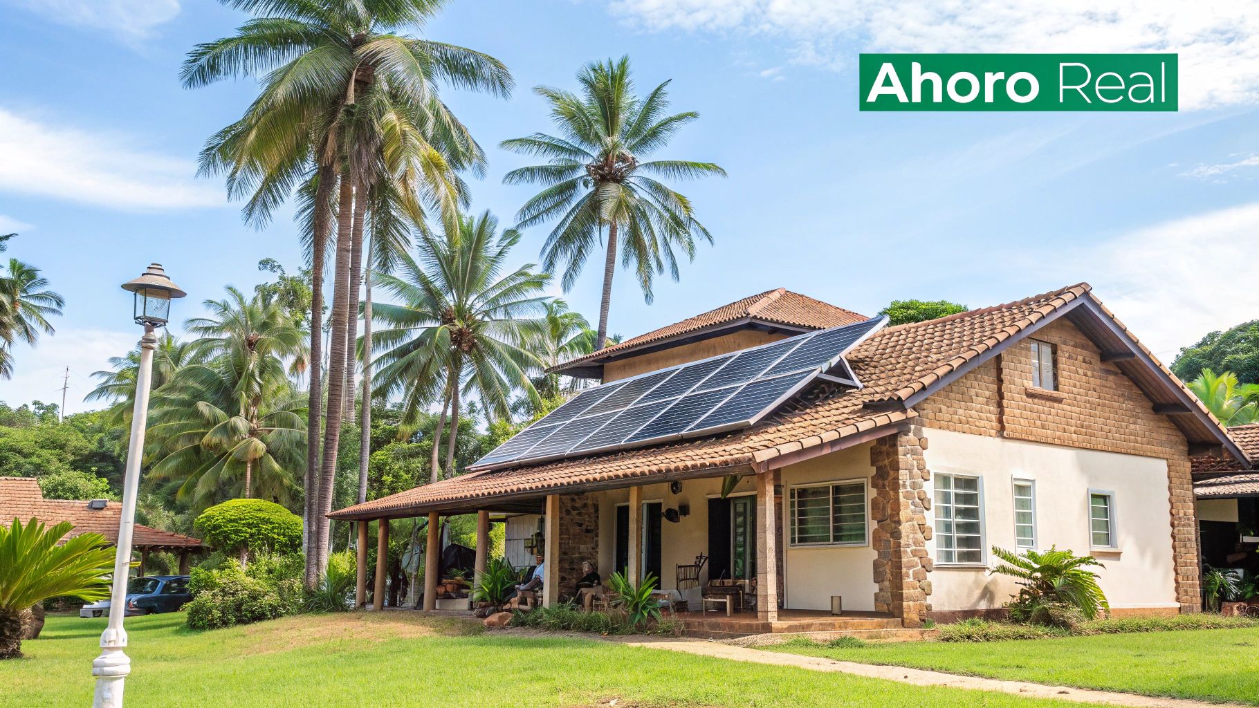 Familia sonriendo frente a su casa con paneles solares en el techo, bajo el sol de Cancún