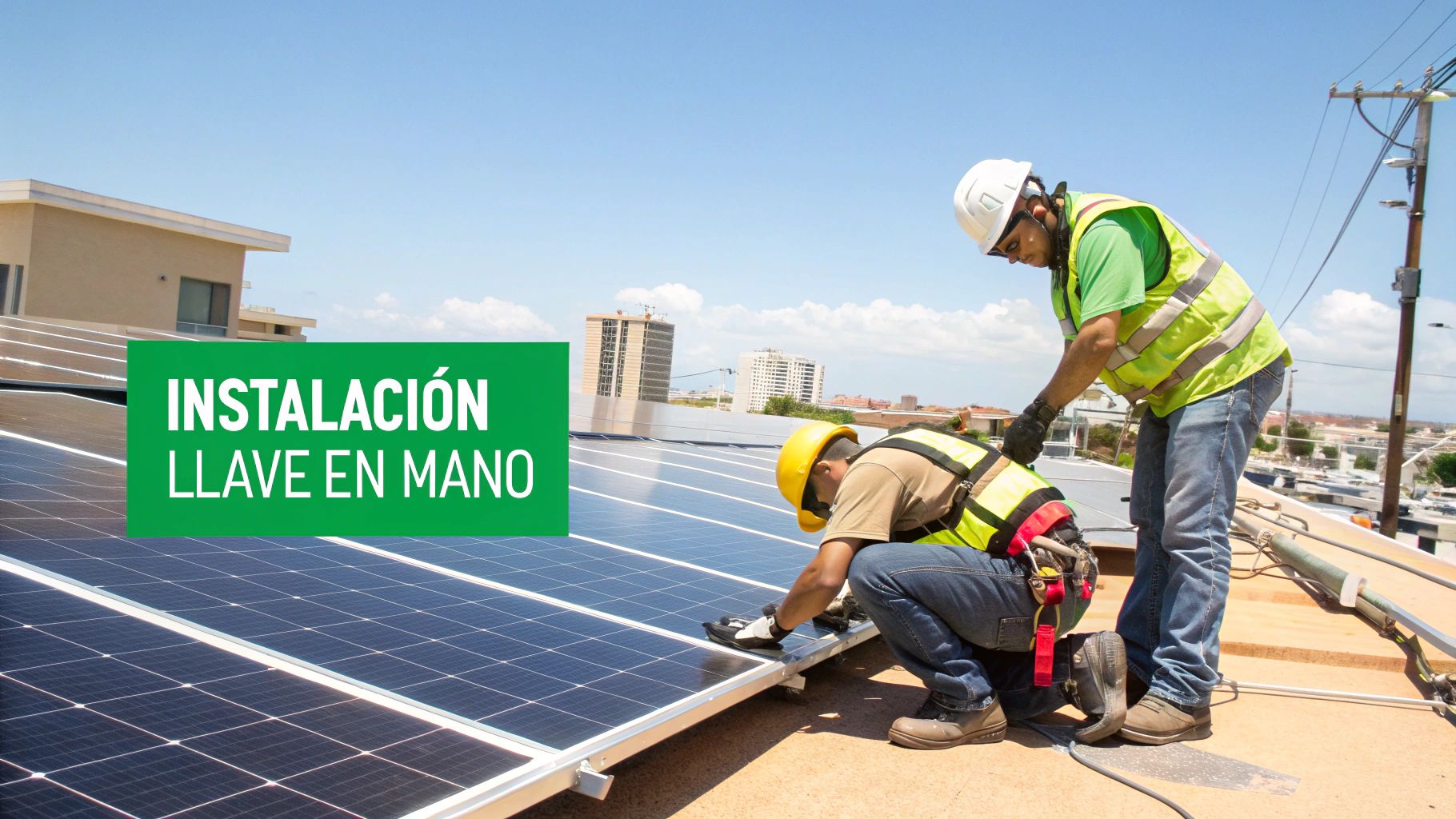 Equipo de técnicos profesionales instalando paneles solares en el techo de un negocio.