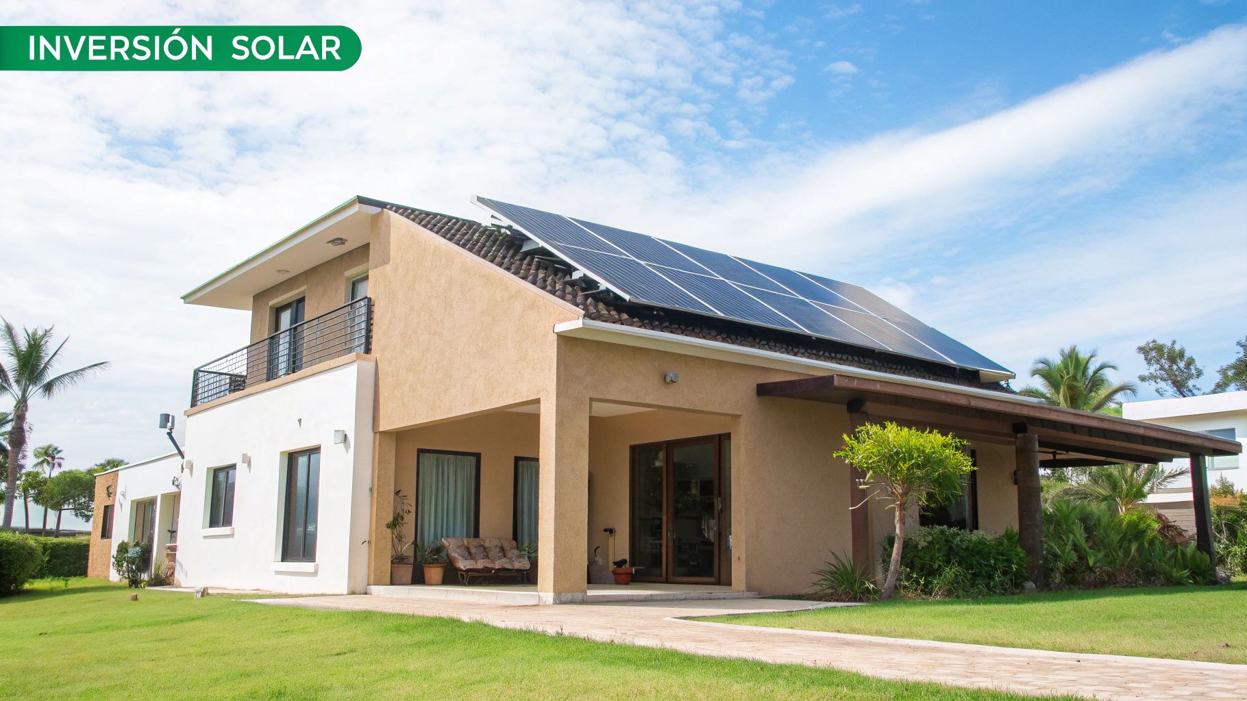 Vista aérea de una instalación de paneles solares en una azotea en Playa del Carmen