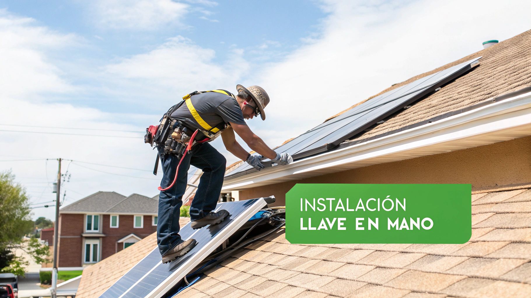 Técnicos calificados realizando una instalación de paneles solares en un techo de Yucatán.