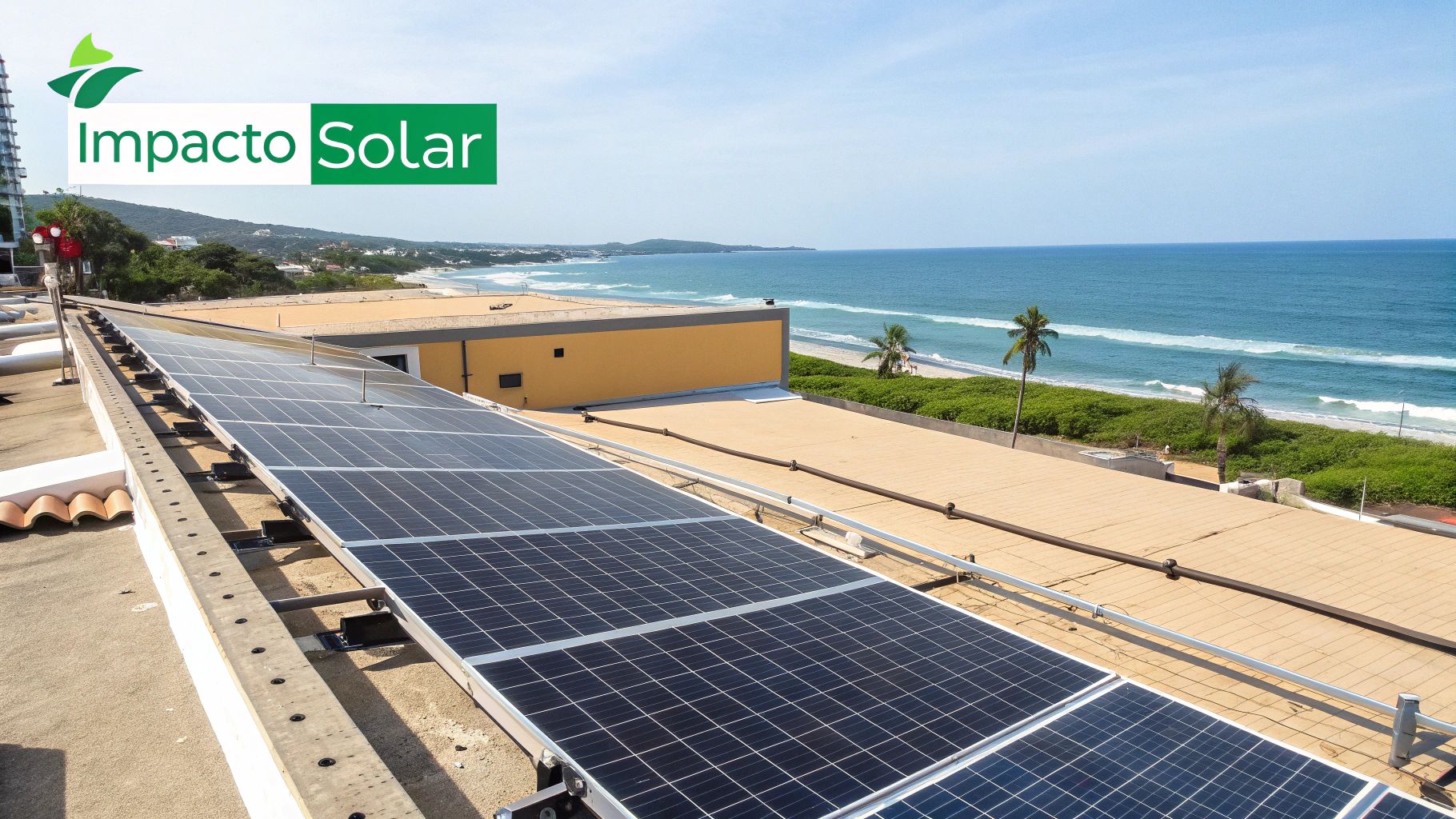 Un sistema de paneles solares instalado en el techo de un hotel en la Riviera Maya, con el mar Caribe de fondo.