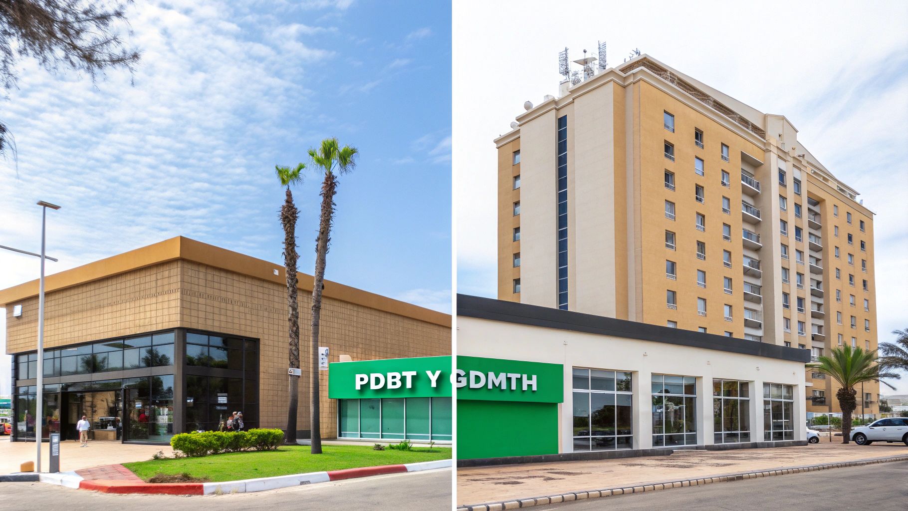 Una oficina iluminada con bombillas de bajo consumo representando la tarifa PDBT, contrastada con un gran complejo hotelero representando la tarifa GDMTH.