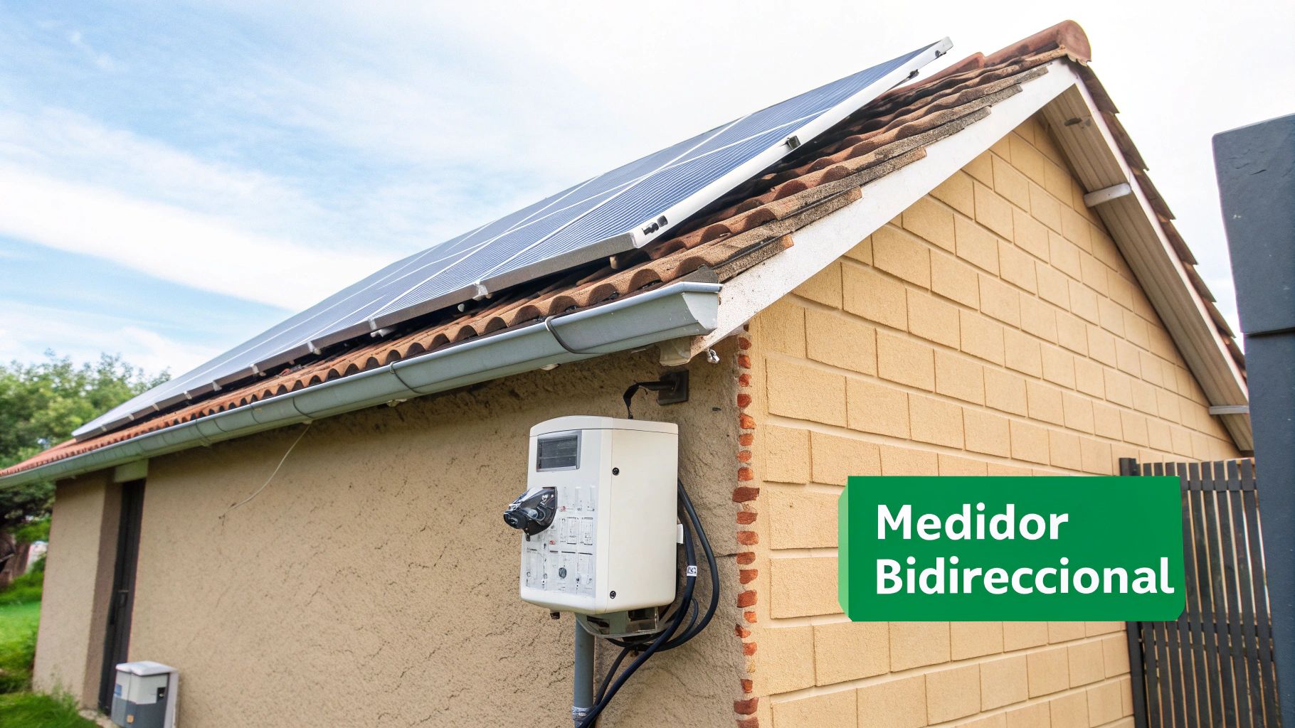 Mujer sonriente señalando un medidor bidireccional de CFE en la pared de una casa.