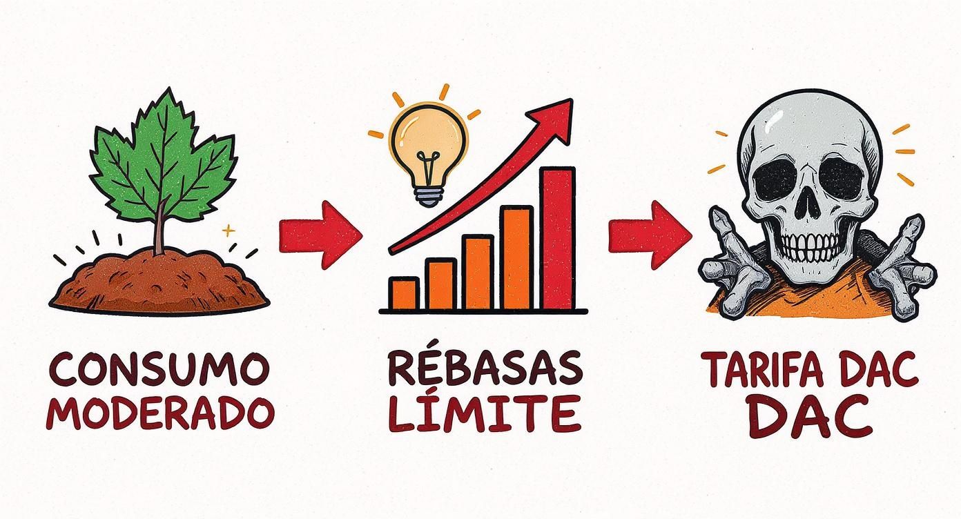 Infografía que muestra el proceso en 3 pasos para llegar a la tarifa DAC en México, desde el consumo moderado hasta el alto costo sin subsidio.