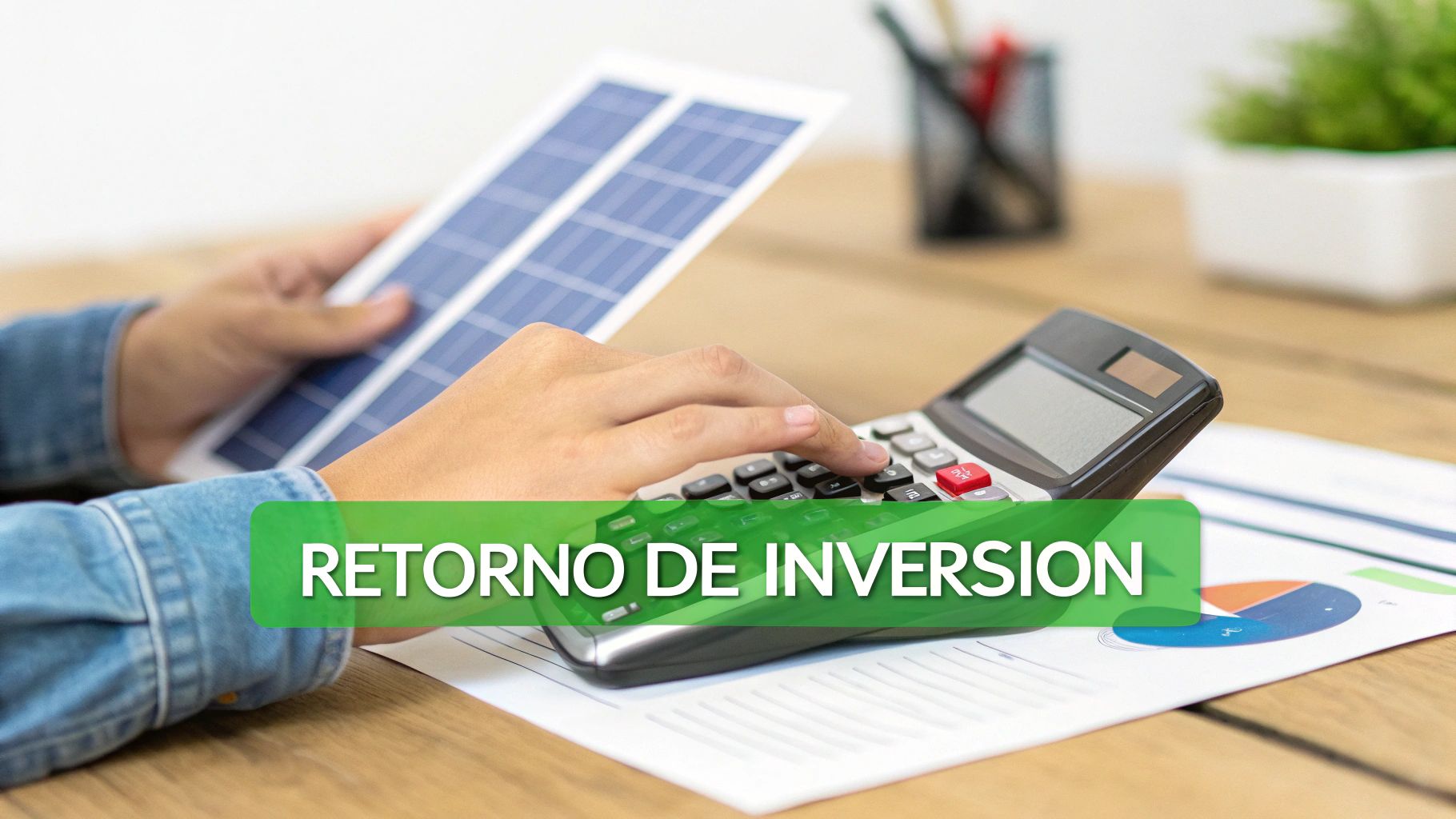 Una calculadora y un recibo de luz junto a un pequeño panel solar, simbolizando el cálculo del retorno de inversión.