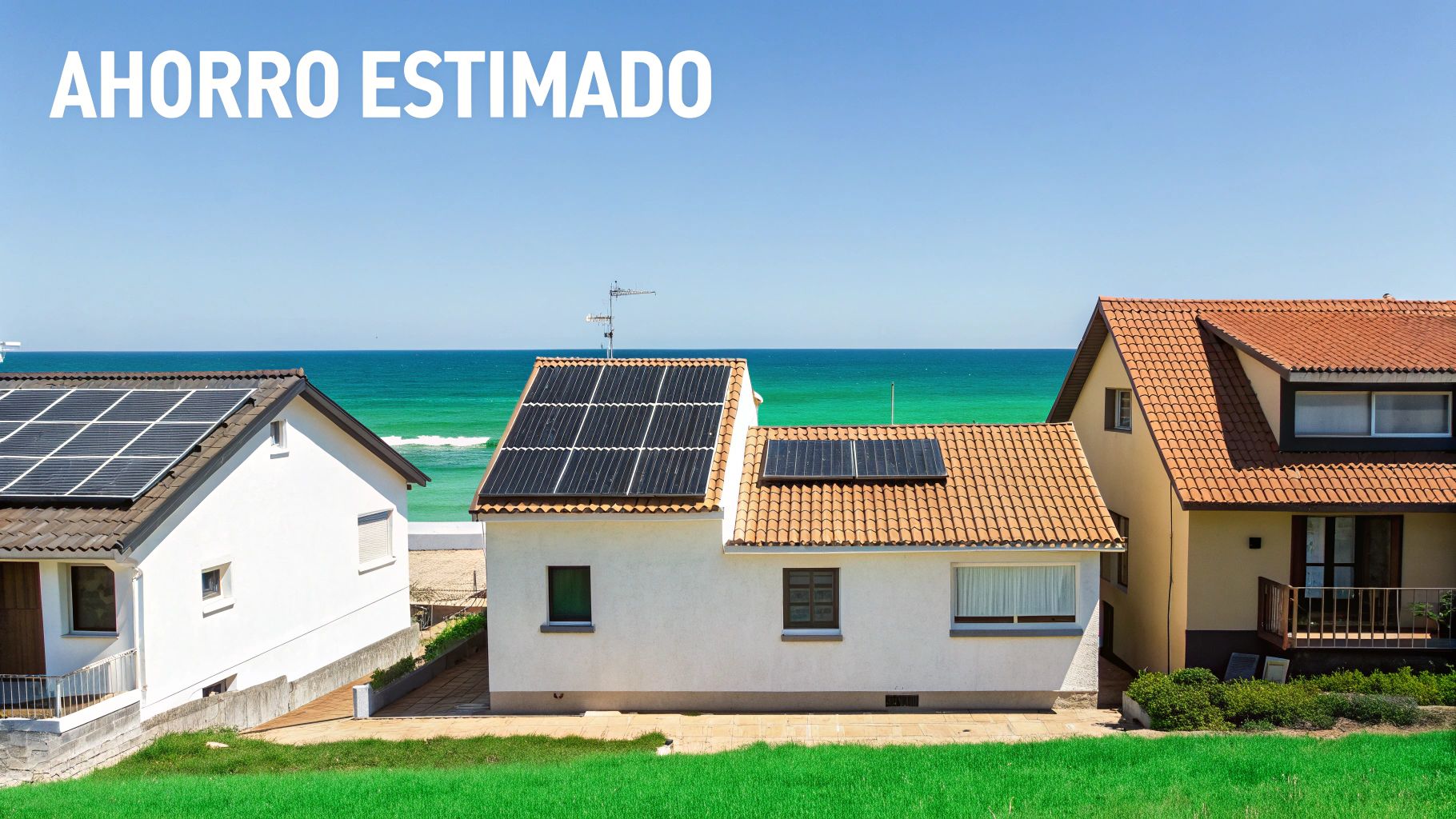Una casa residencial en Cancún con paneles solares instalados en el techo bajo un cielo soleado.