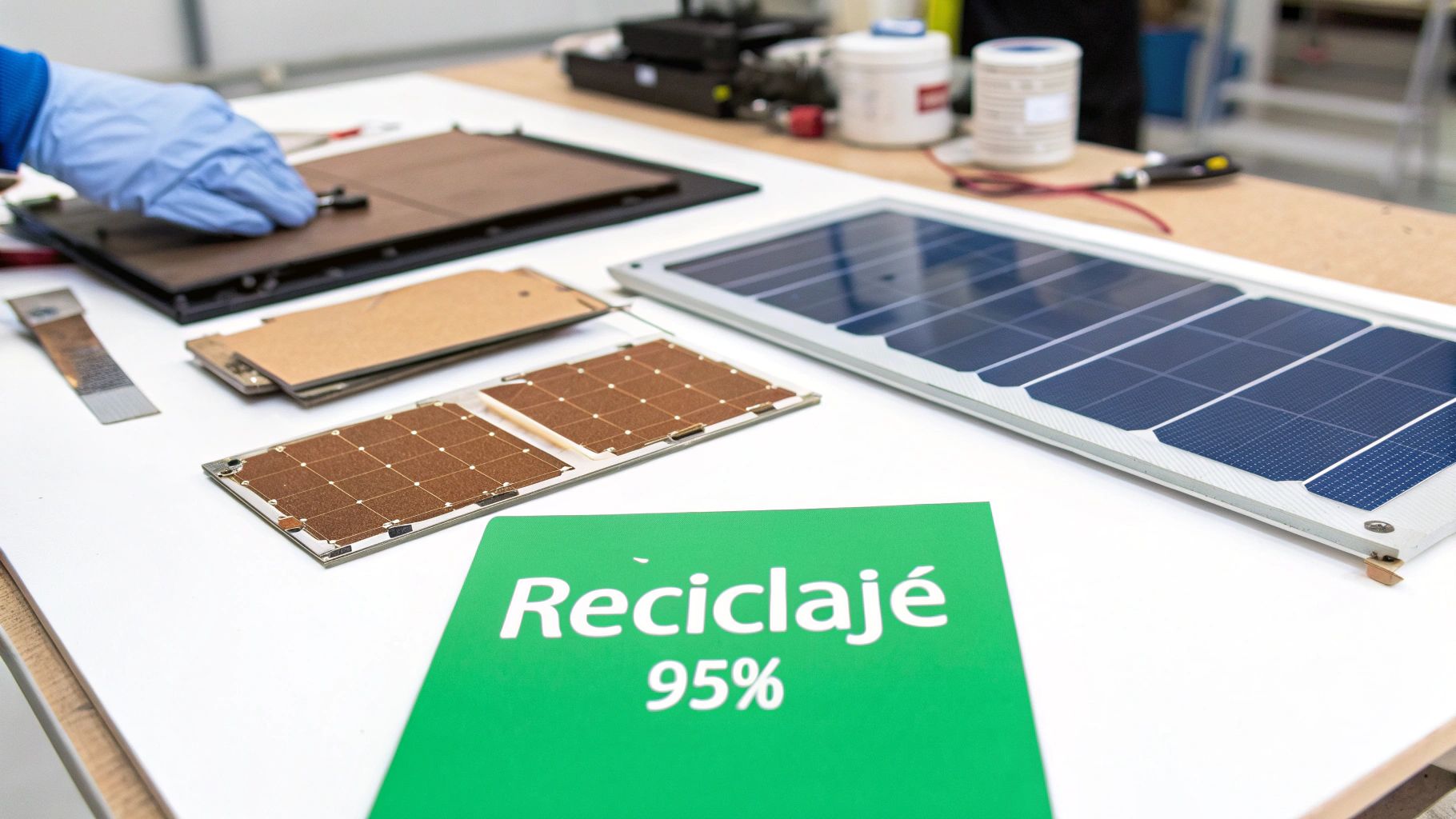 Técnico trabajando en el mantenimiento y posible reciclaje de un panel solar.