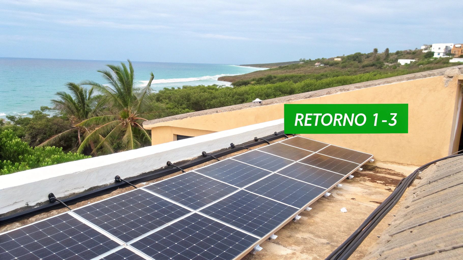 Paneles solares instalados en el techo de una casa en Cancún, México