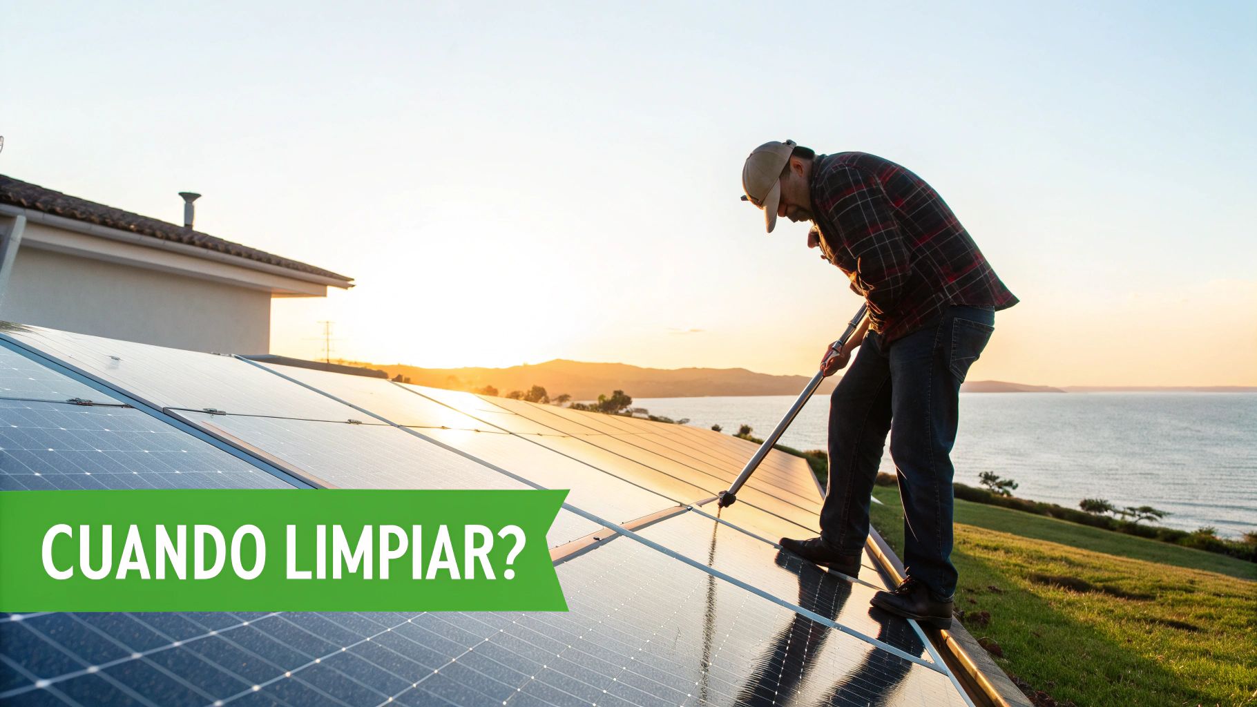 Una persona inspeccionando visualmente un panel solar en un techo.