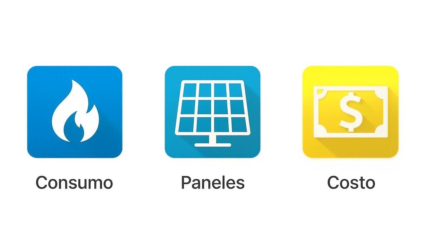 Infografía que muestra la relación entre el consumo eléctrico, el número de paneles solares necesarios y el costo estimado en México.