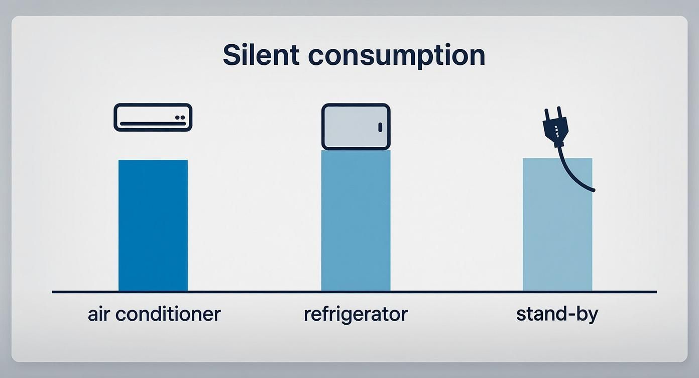 Infográfico mostrando el consumo de energía del aire acondicionado, refrigerador y aparatos en stand-by.