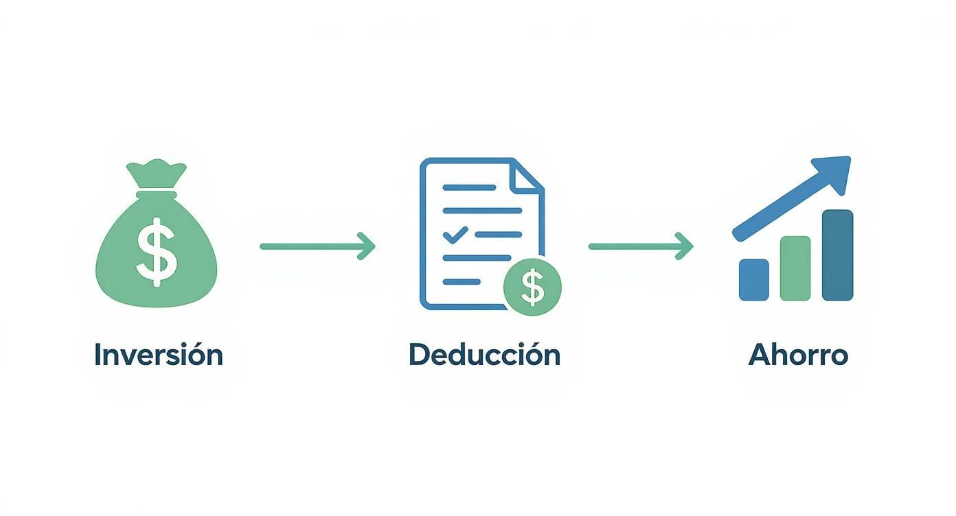 Infografía que ilustra el proceso del incentivo fiscal para la energía solar empresarial, mostrando los pasos de Inversión, Deducción y Ahorro.