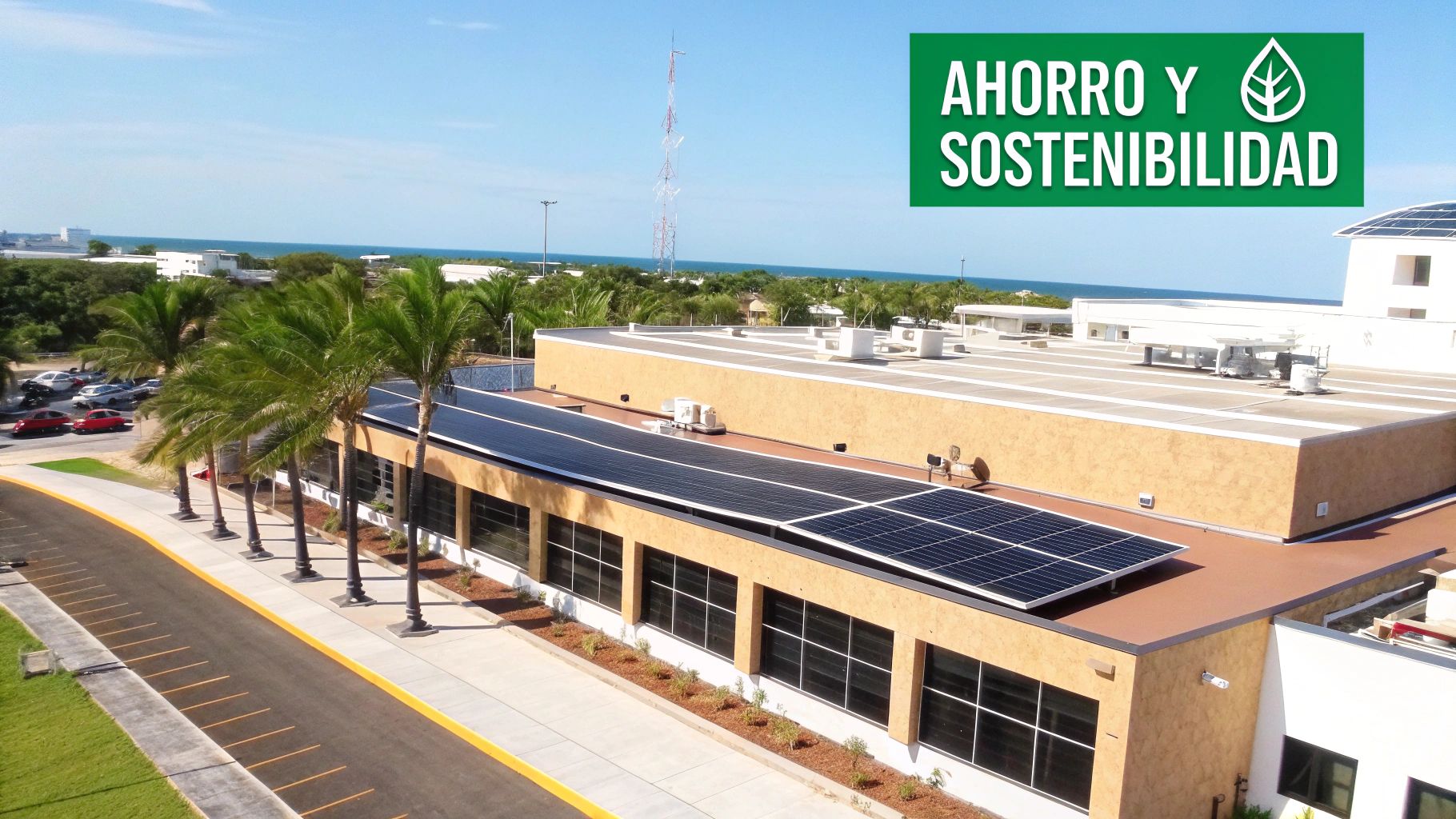 Techo de un edificio comercial con paneles solares instalados bajo el sol de Cancún