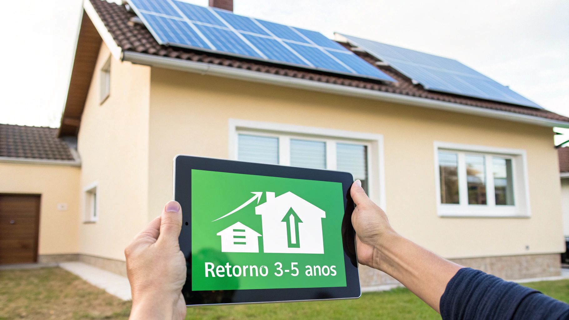 Hombre de negocios sonriendo mientras revisa gráficos de rendimiento en una tablet, con paneles solares de fondo.