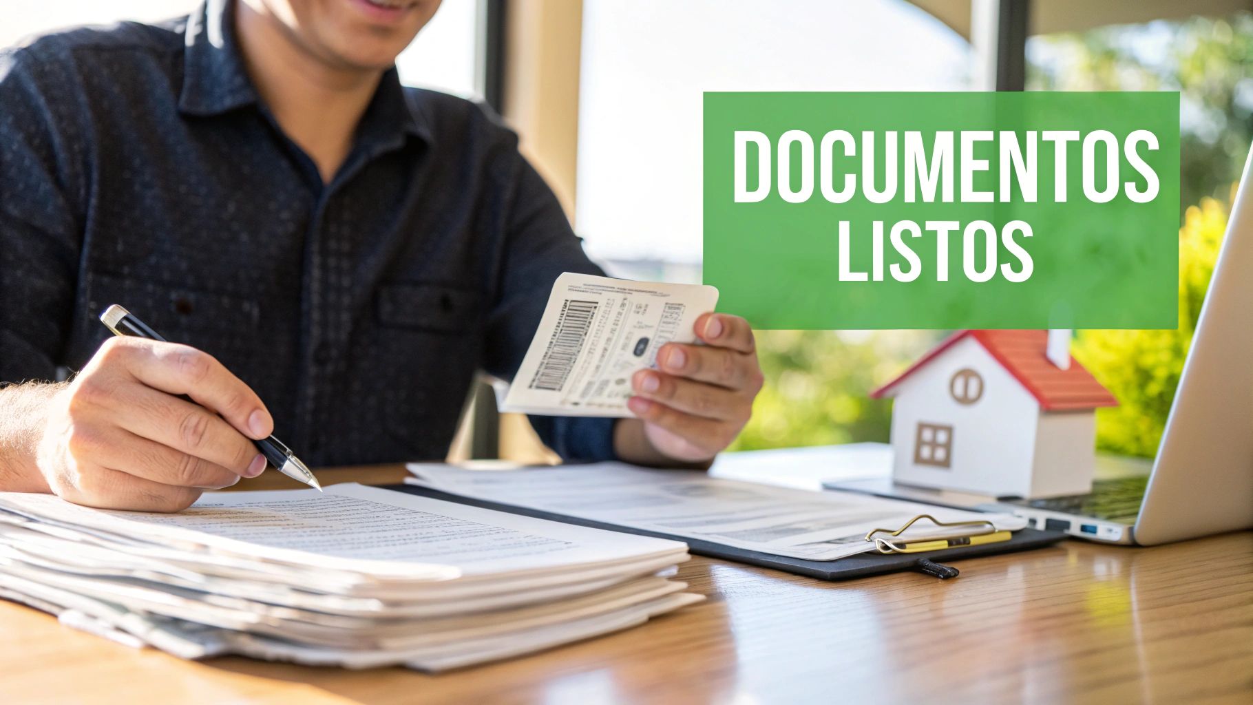 Una persona revisando documentos con un poste de luz de CFE al fondo, representando los requisitos del contrato.