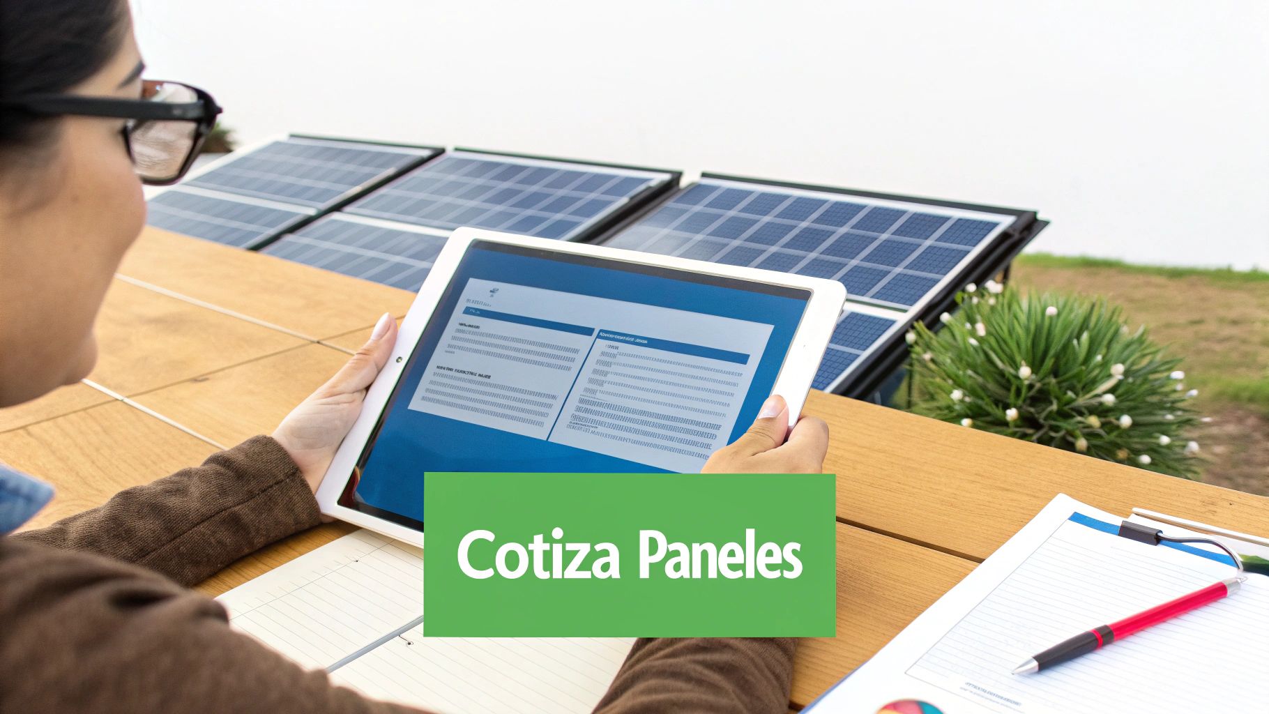 Una persona analizando su recibo de luz de CFE junto a una laptop que muestra paneles solares.