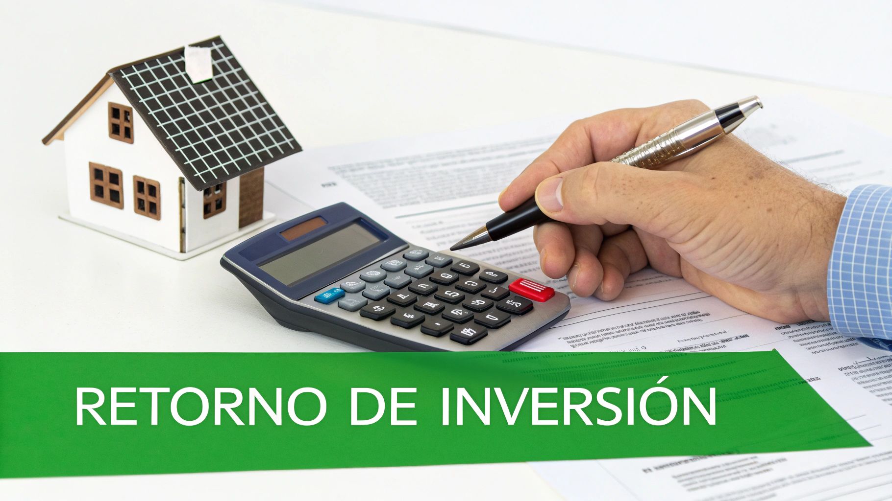 Calculadora y papeles con gráficos solares, simbolizando el cálculo del retorno de inversión en paneles solares.