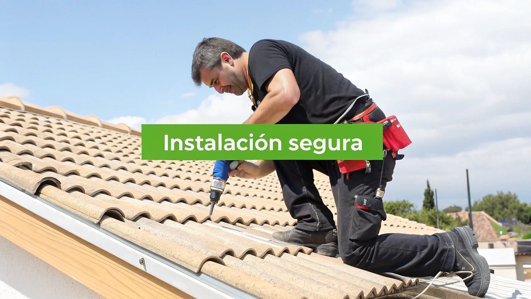 Un equipo de instaladores profesionales montando una base para panel solar en un techo.