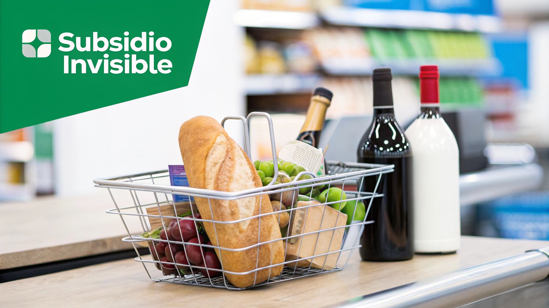 Canasta de compras con pan, frutas y vino en caja de supermercado, subsidio invisible de alimentos