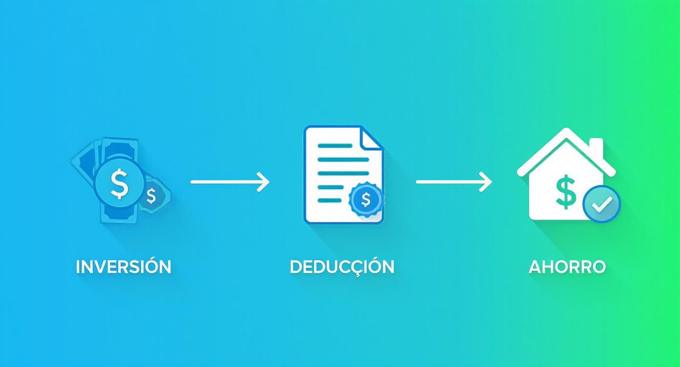Proceso de inversión, deducción y ahorro con iconos de dinero, documento fiscal y casa con verificación