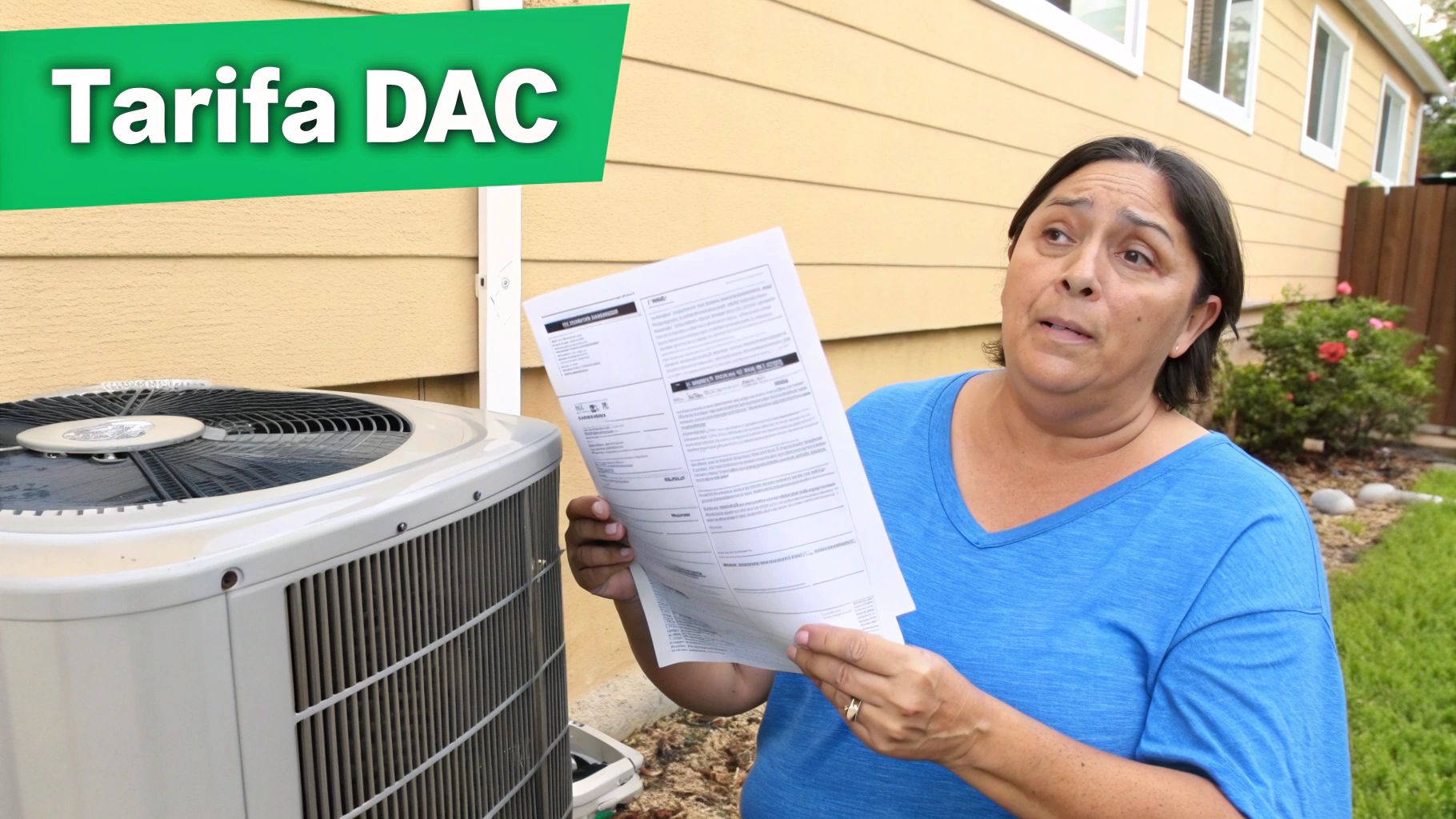 Mujer sostiene factura de electricidad CFE frente a aire acondicionado explicando tarifa DAC