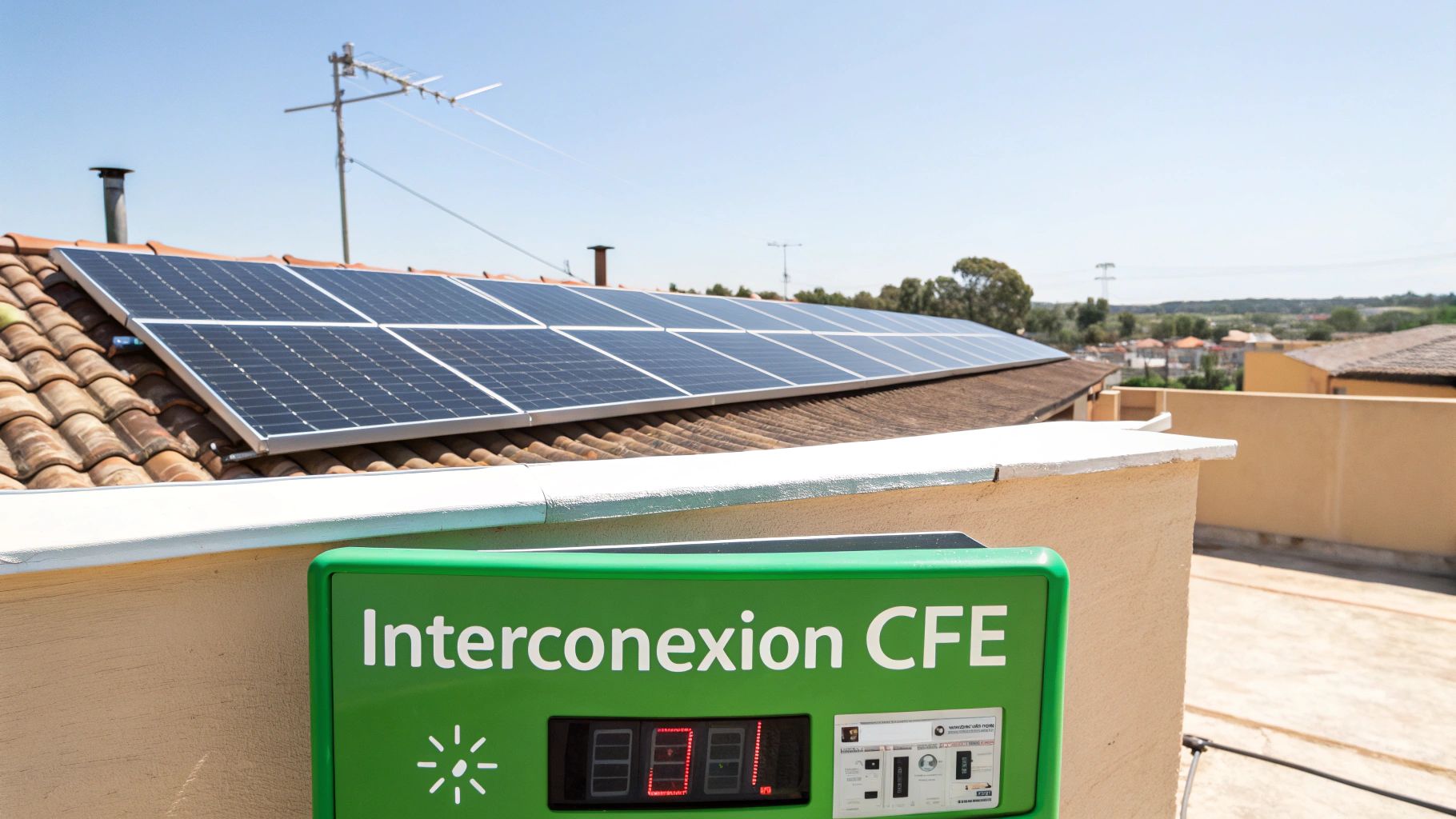 Panel solar en techo residencial con dispositivo de interconexión CFE mostrando medidor digital