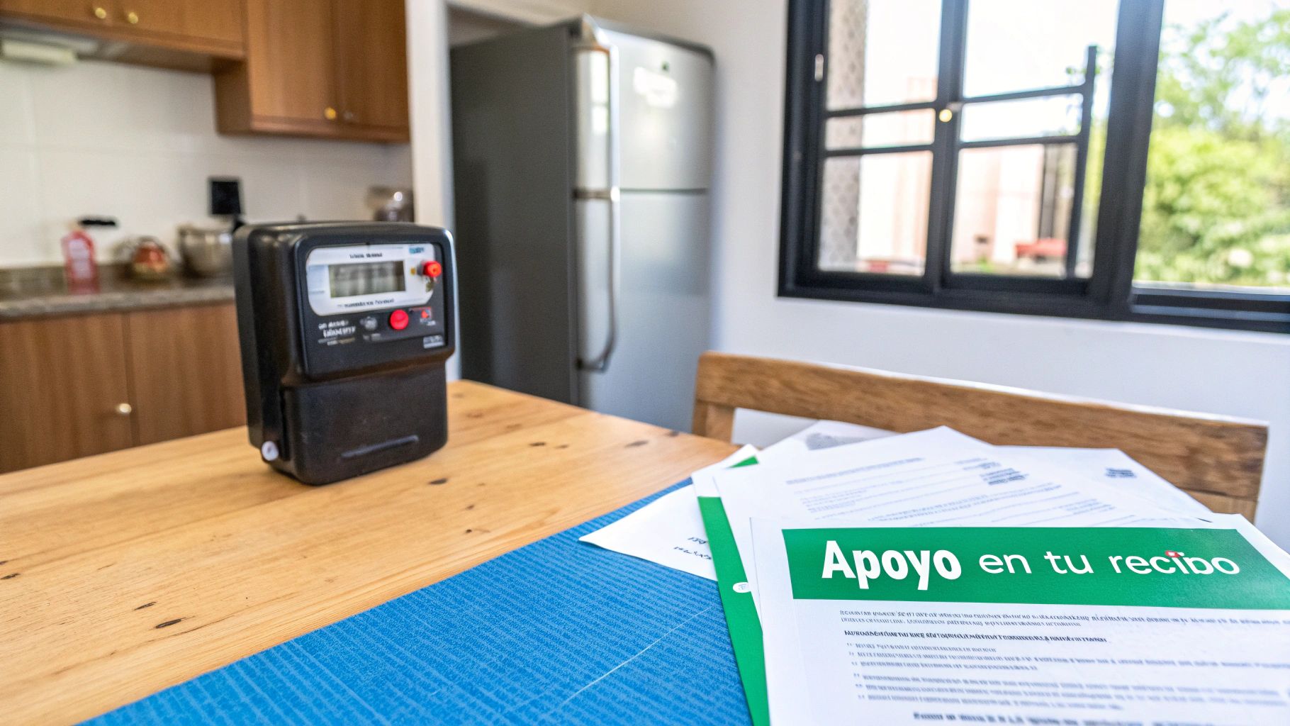 Medidor de luz CFE y documentos de apoyo en tu recibo sobre mesa de cocina