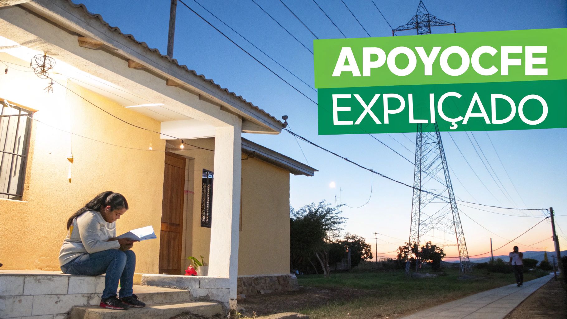 Mujer joven leyendo documentos frente a casa con torre eléctrica de CFE al fondo