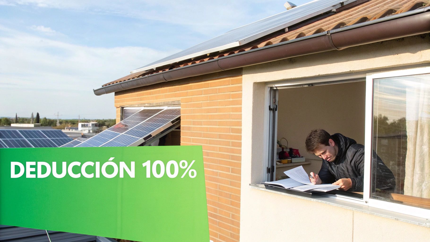 Técnico revisando documentos en ventana de casa con paneles solares y texto deducción 100%