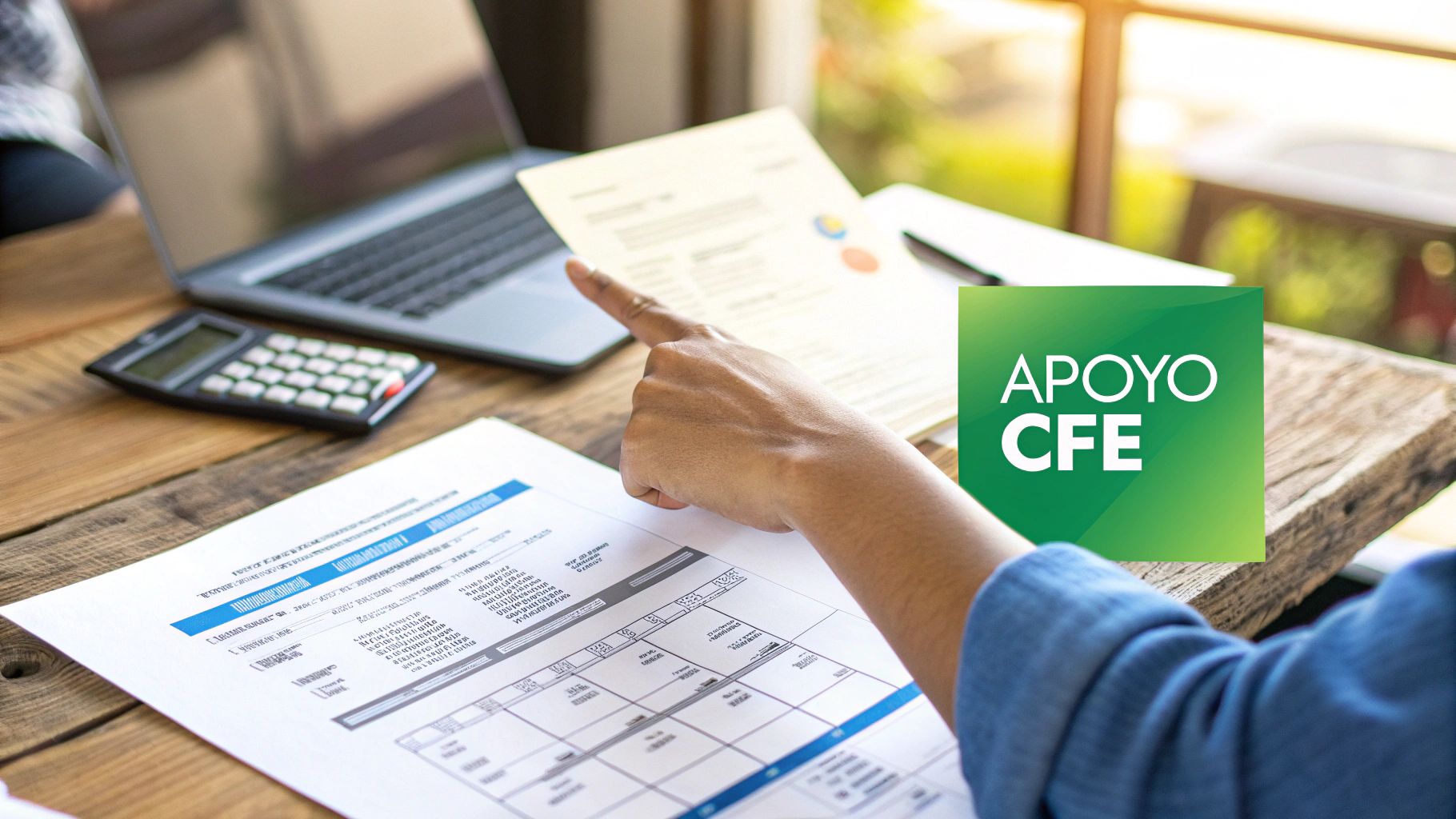 Persona revisando documentos de facturación de CFE con calculadora y laptop, programa de apoyo gubernamental