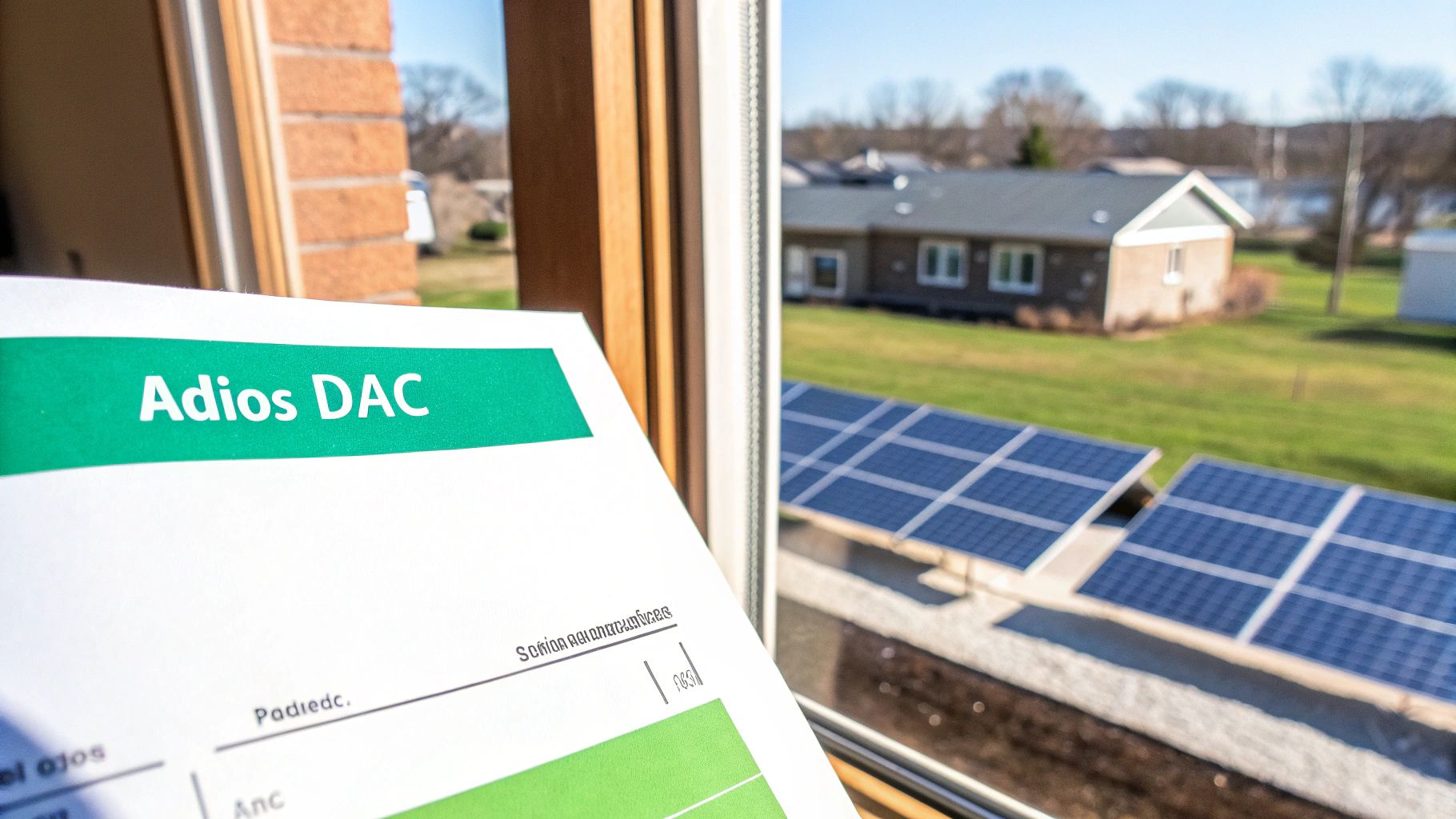 Documento Adios DAC junto a ventana con paneles solares instalados en vivienda residencial