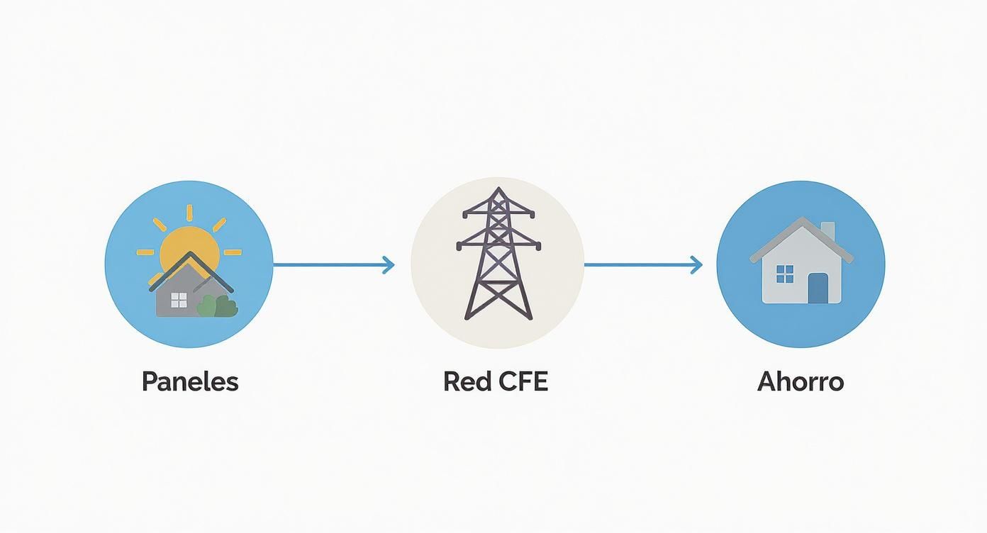 Diagrama del flujo de energía solar: paneles solares conectados a la red CFE para generar ahorro en el hogar