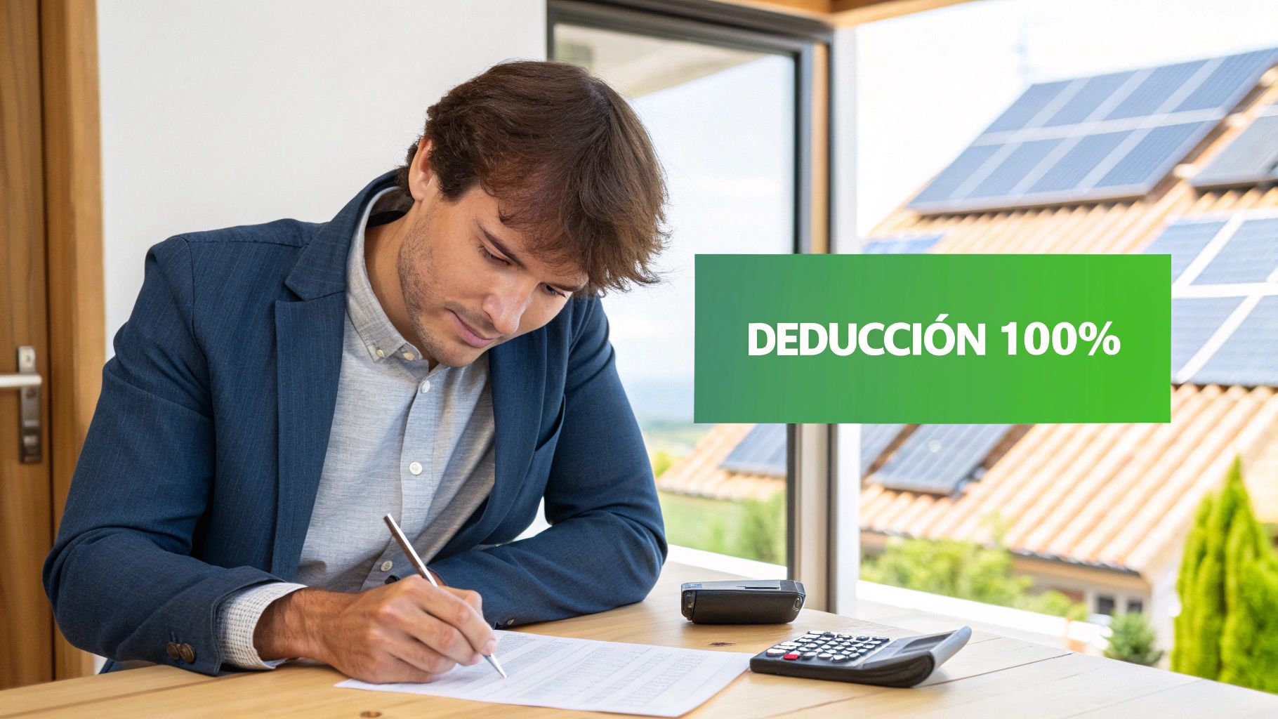 Hombre calculando deducción fiscal del 100% por instalación de paneles solares en casa
