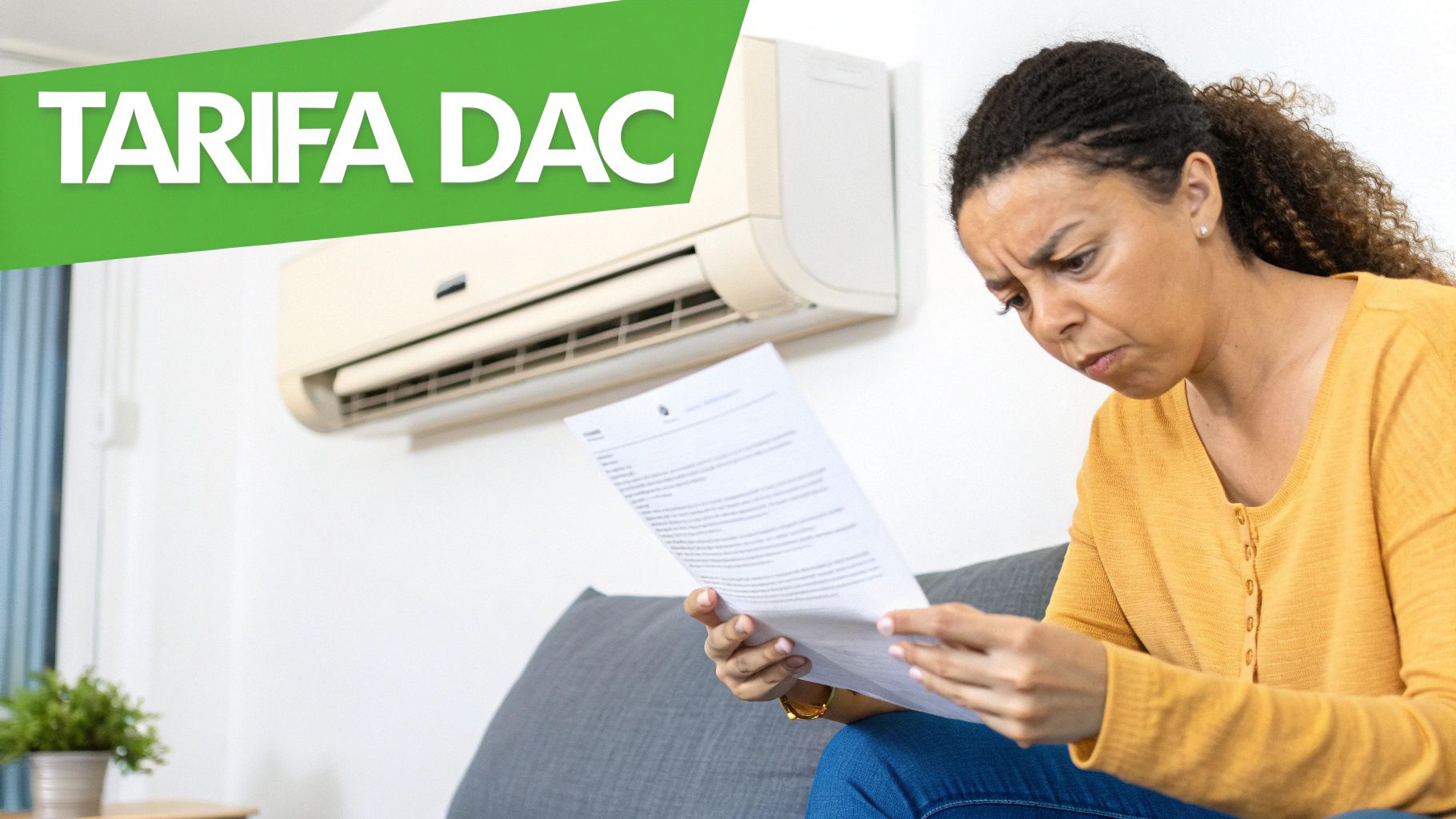 Mujer preocupada revisando factura de electricidad con aire acondicionado en casa, tarifa DAC CFE