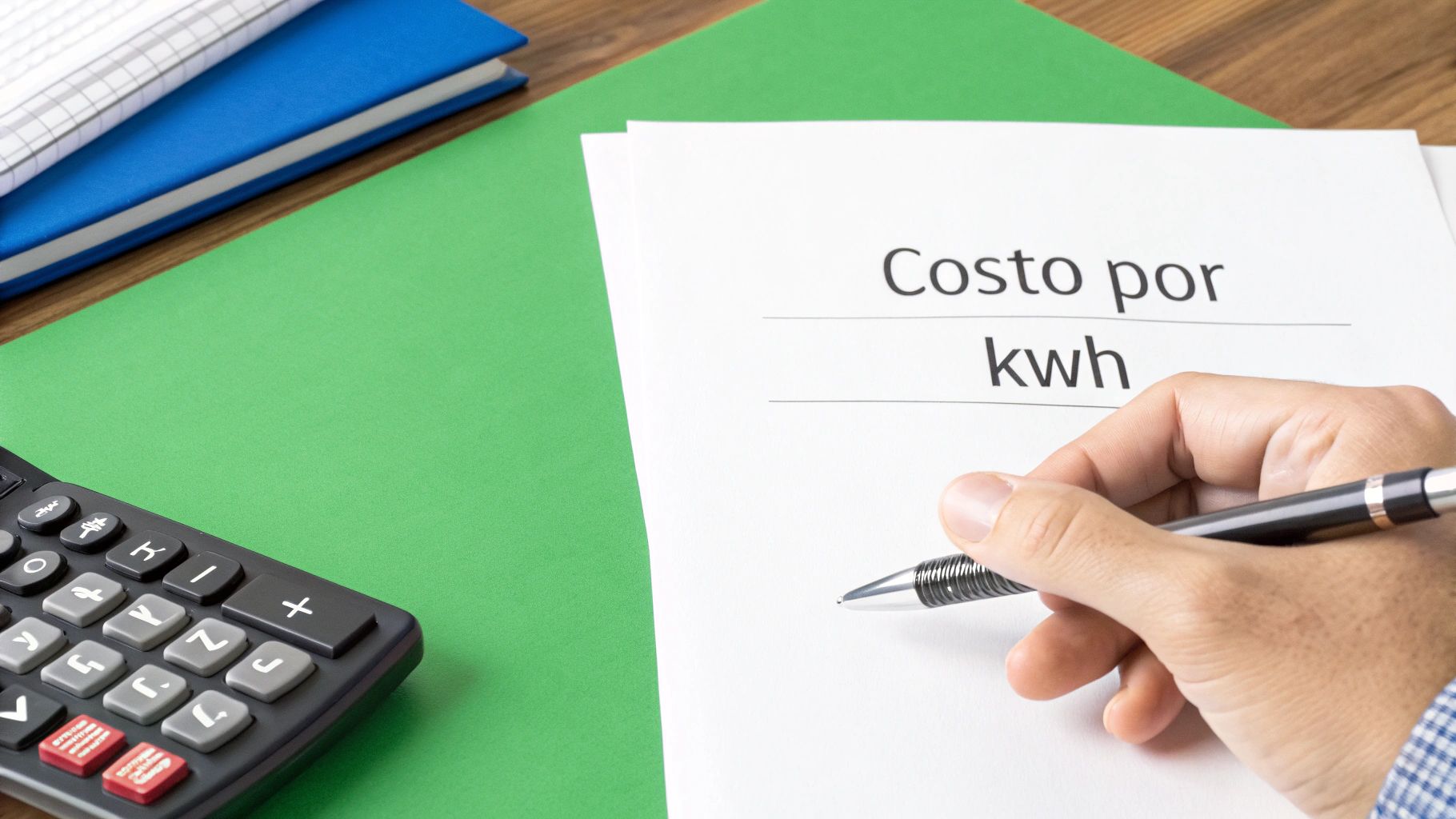 Mano escribiendo costo por kwh en papel con calculadora sobre escritorio verde para calcular tarifa eléctrica