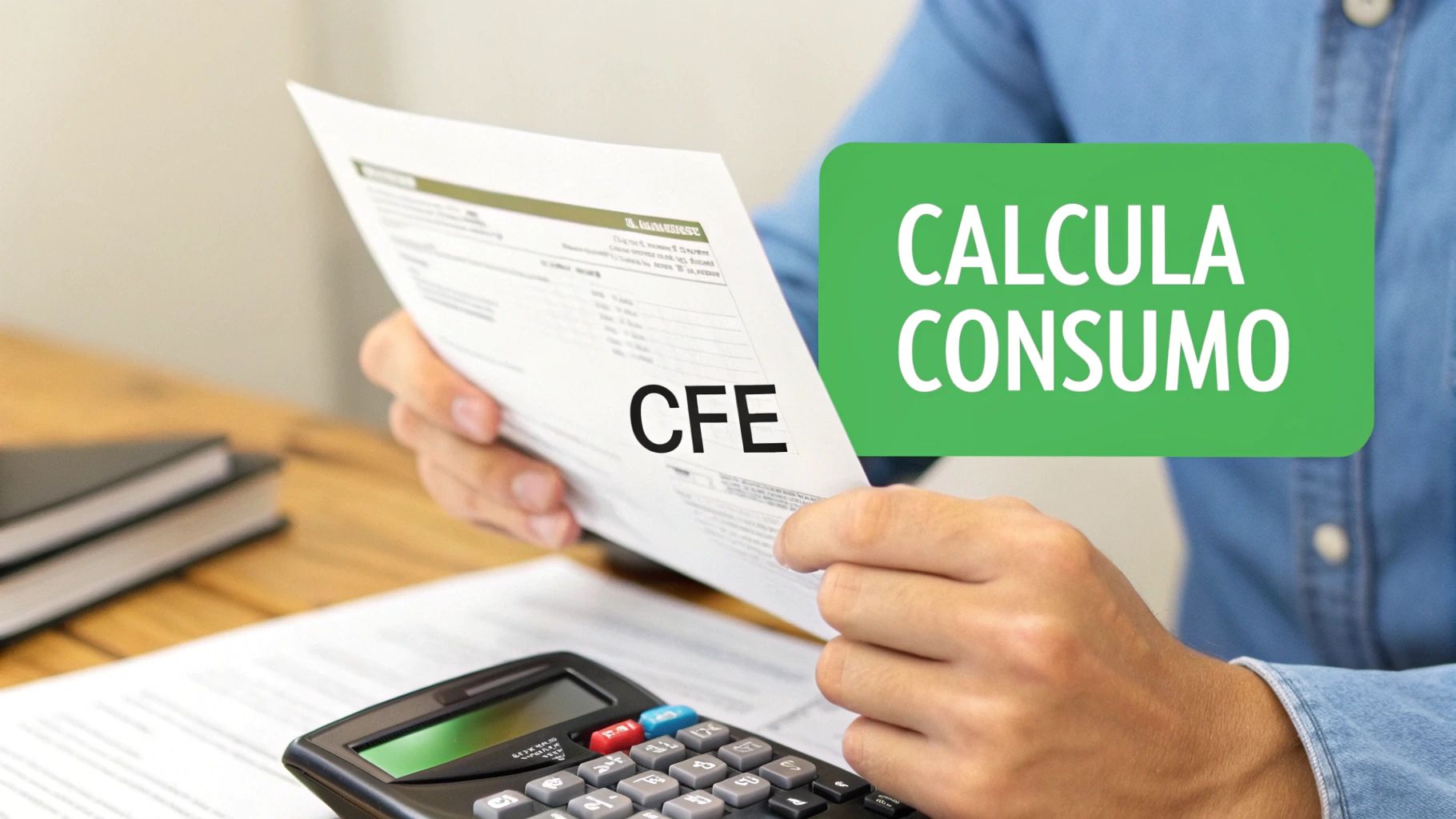Persona calculando consumo eléctrico de CFE con recibo y calculadora sobre escritorio