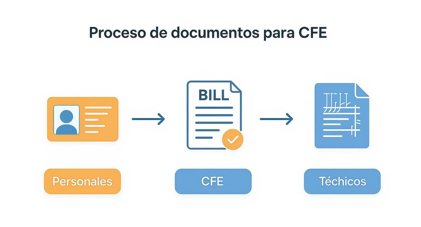 Diagrama del proceso de documentos para CFE: personales, factura de luz y documentos técnicos