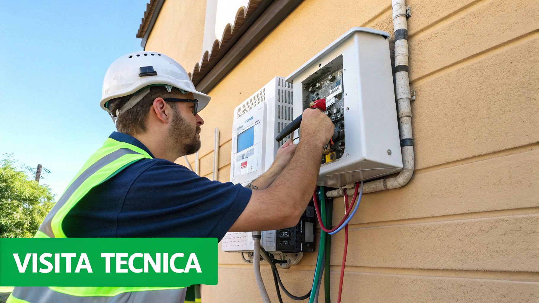 Técnico realizando visita técnica de instalación eléctrica en medidor de CFE en pared exterior