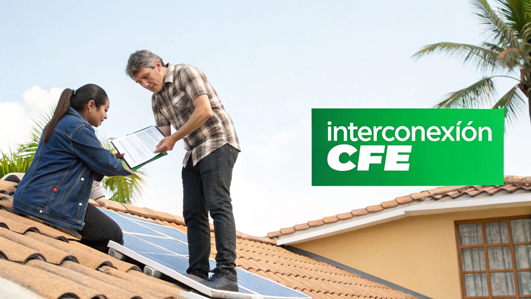 Técnicos de CFE instalando paneles solares en techo residencial con logo de interconexión CFE