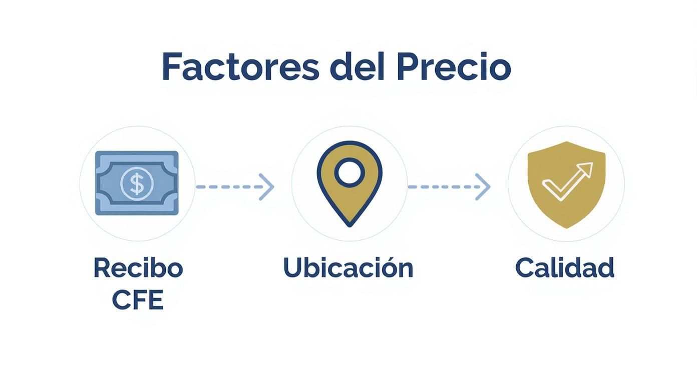 Infografía que muestra los factores del precio: recibo CFE, ubicación y calidad.