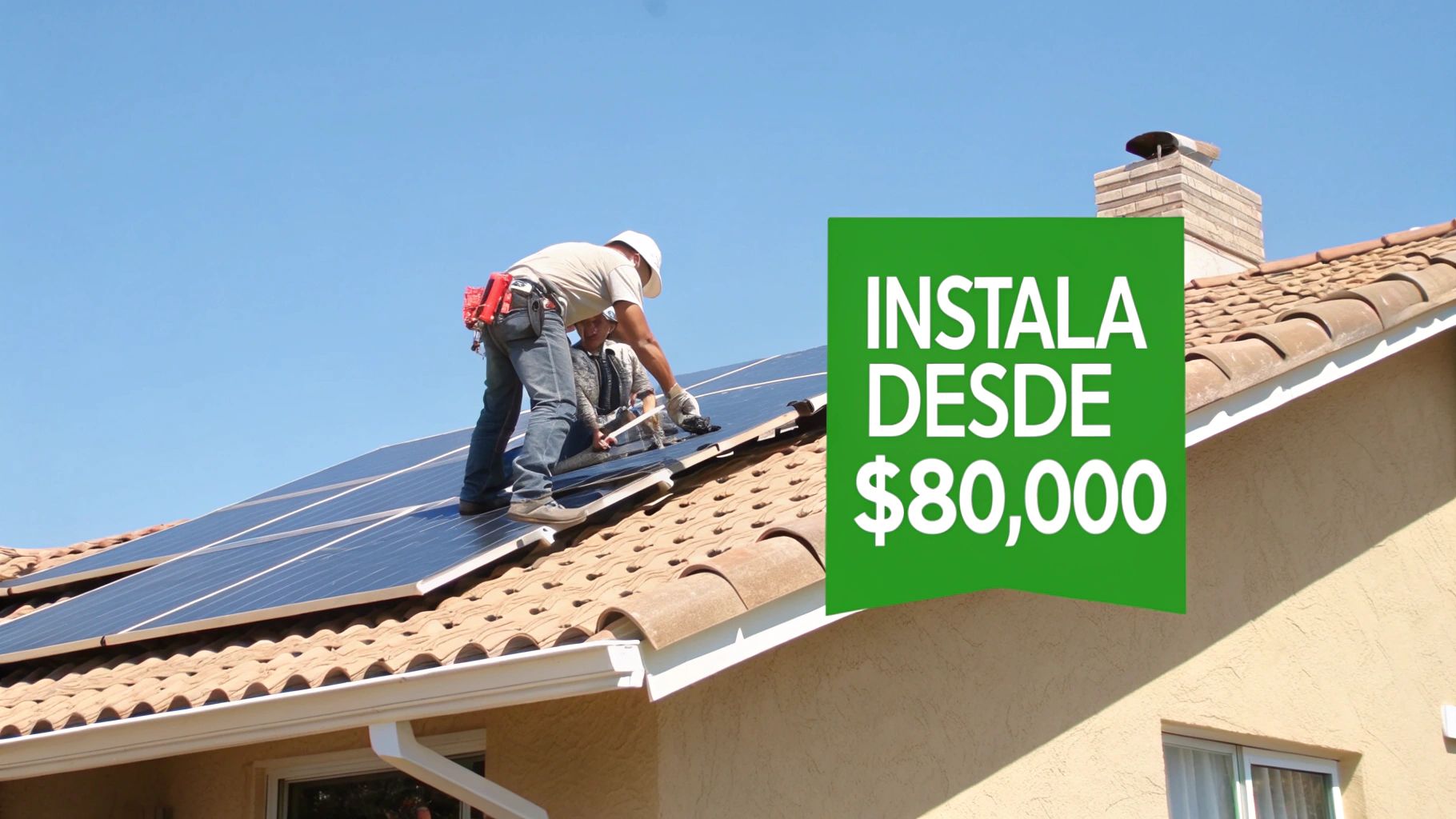 Trabajadores instalan paneles solares en el techo de una casa, con un cartel promocionando instalaciones desde $80,000.