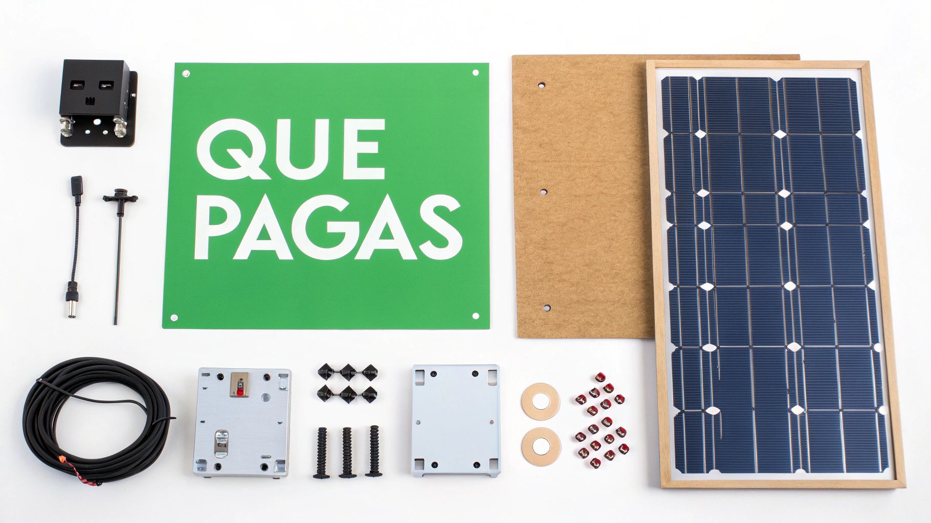 Componentes de un kit de energía solar fotovoltaica, incluyendo un panel, módulos, cables y accesorios, sobre fondo blanco.