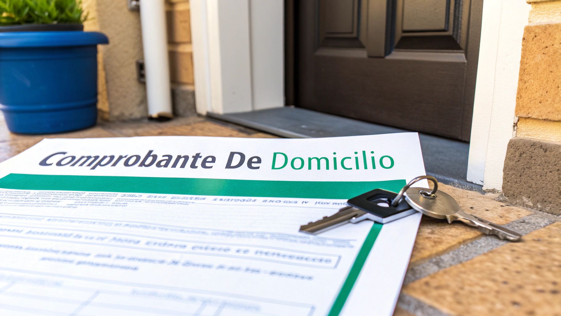 Documento 'Comprobante De Domicilio' y llaves en el suelo frente a una puerta, junto a una maceta azul.