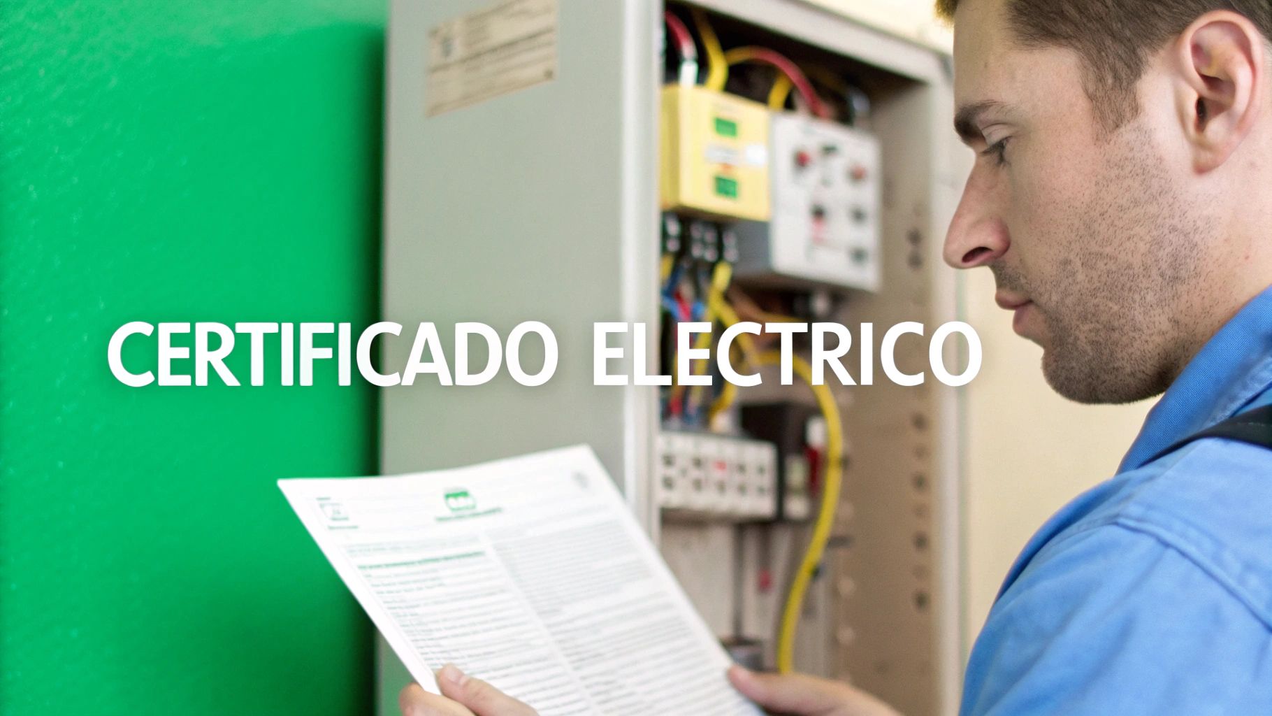 Hombre electricista revisando un documento de certificado eléctrico frente a un cuadro de conexiones.