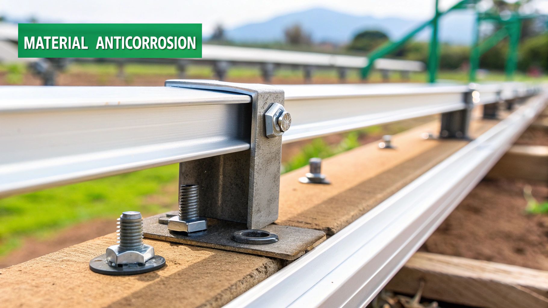 Vista de cerca de una estructura de montaje de paneles solares con rieles metálicos, tornillos y soportes de madera, resaltando material anticorrosión.