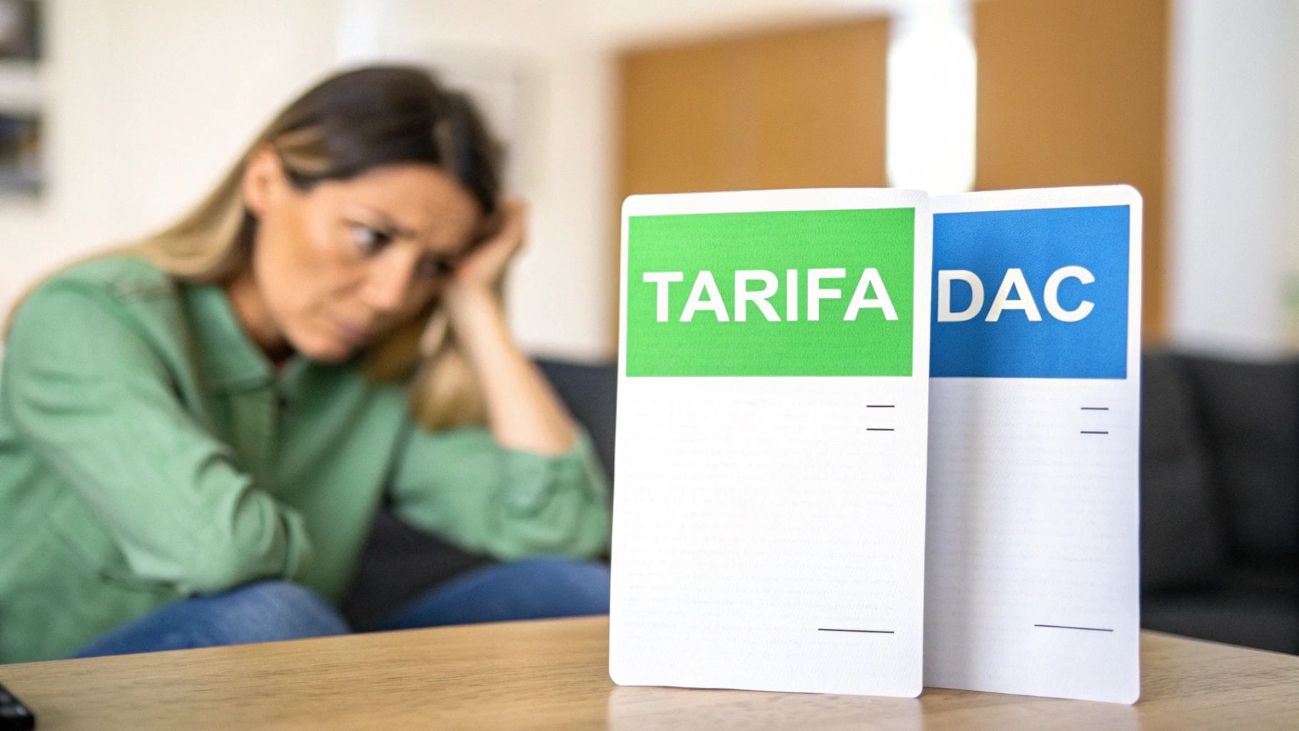 Mujer estresada examinando documentos con las etiquetas "TARIFA" y "DAC" sobre tarifas de electricidad.