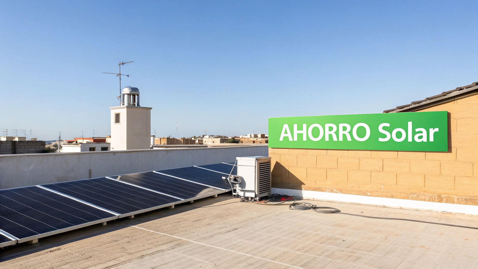 Paneles solares instalados en una azotea con un letrero verde "AHORRO Solar" y un equipo de climatización.