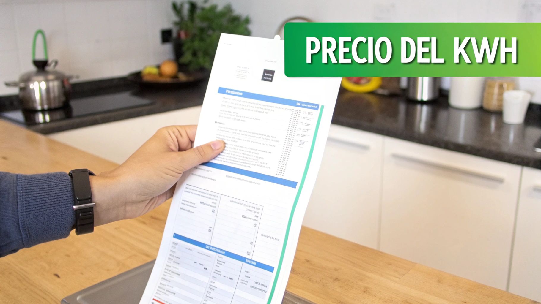 Una mano sostiene una factura de electricidad en una cocina, con un banner que dice "PRECIO DEL KWH".